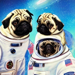 Three pugs posing in astronaut suits. 