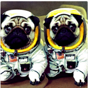 Two pugs in astronaut suits.