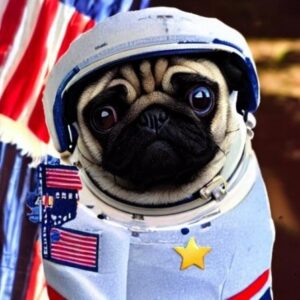 Pug in astronaut suit posing in front of a flag.